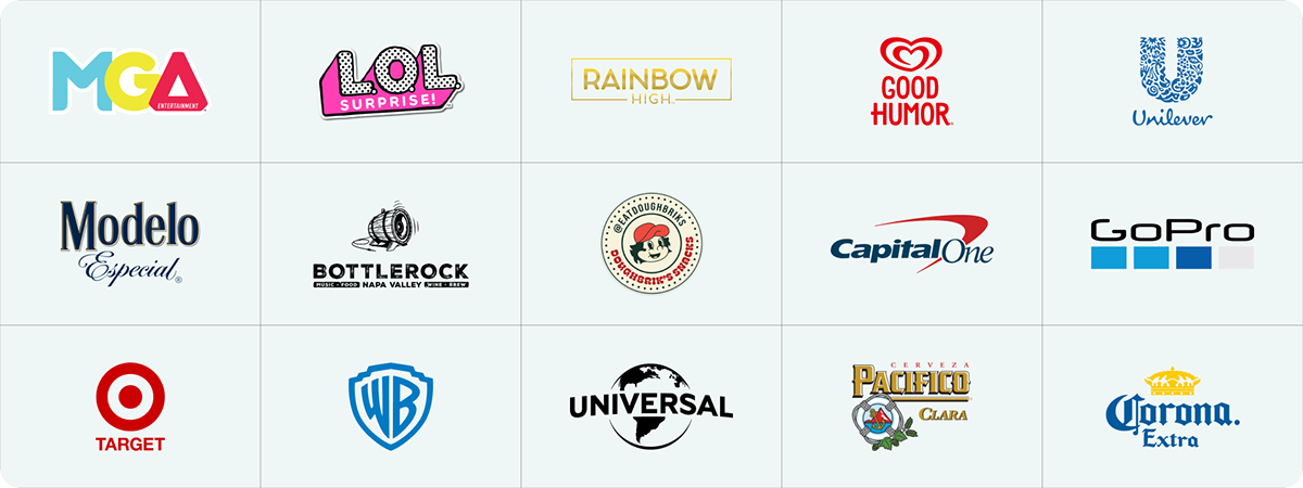 Logos of selected Plants and Chairs clients, MGA Entertainment, LOL Surprise, Rainbow High, Good Humor, Unilever, Modelo, BottleRock, The Slough Brewing Collective, Capital One, GoPro, Target, Warner Bros., Universal, Pacifico, Corona