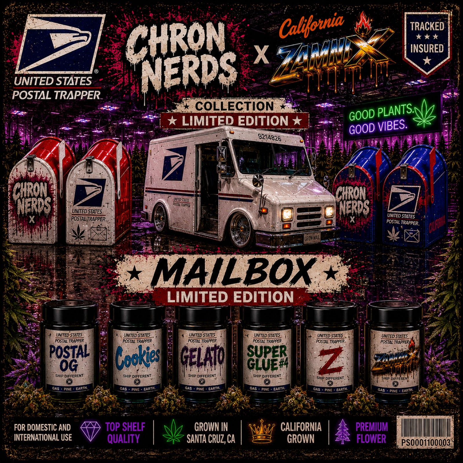 Chron Nerds Postal collection key art, mail truck, mailboxes, and labeled jars